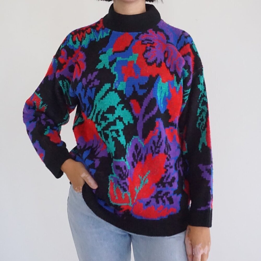 Vintage Rose Black Bold Floral Colorblock Knit Grandmacore 80's Sweater L